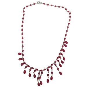 Red Beaded Fringe Silver‑Tone Necklace 17” GUC